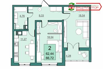 2-к квартира, 62 м², 2/22 эт.