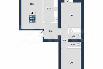 3-к квартира, 71 м², 9/10 эт.